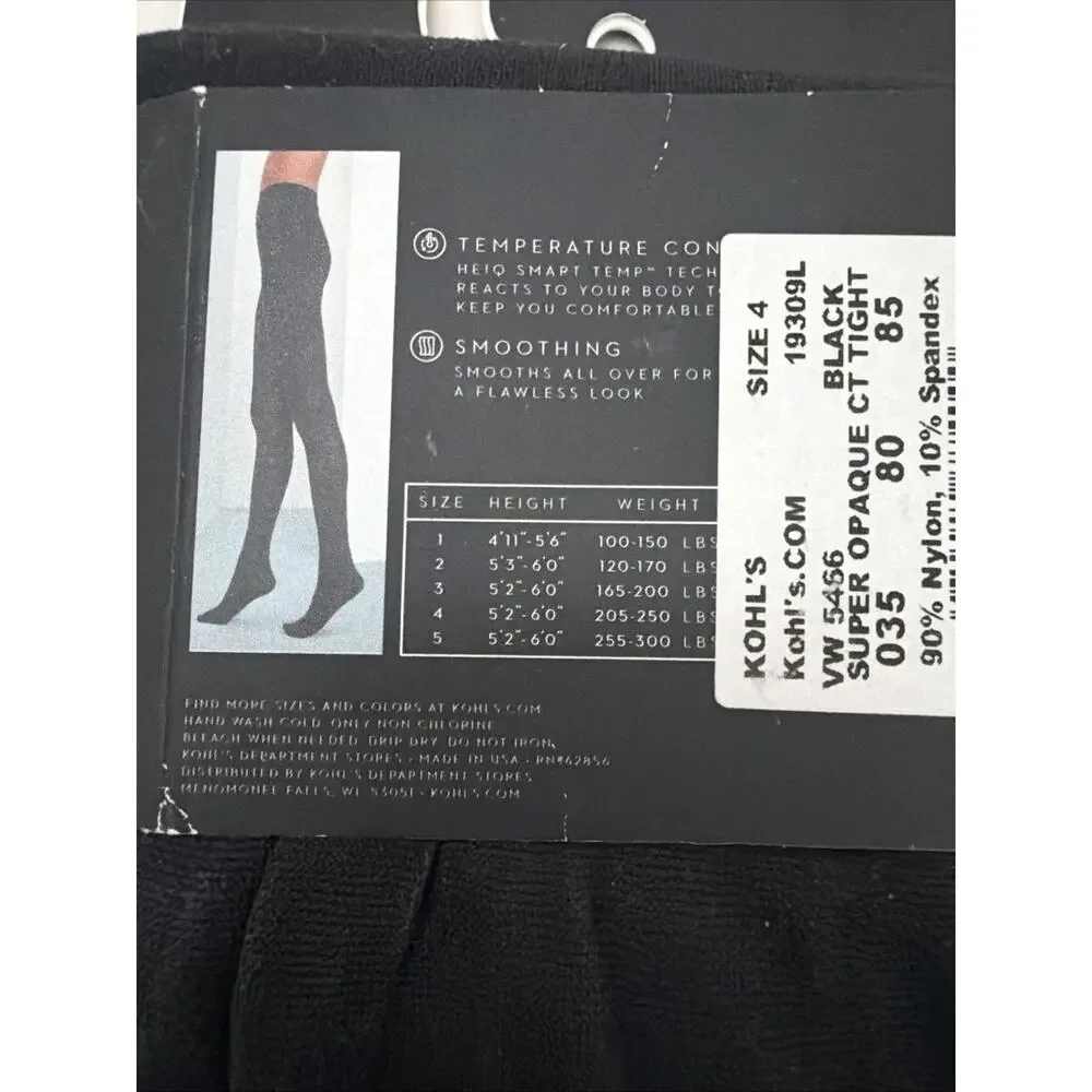 Simply Vera Wang Control Top Essential Tights -Black- Superopaque- Sz 4
